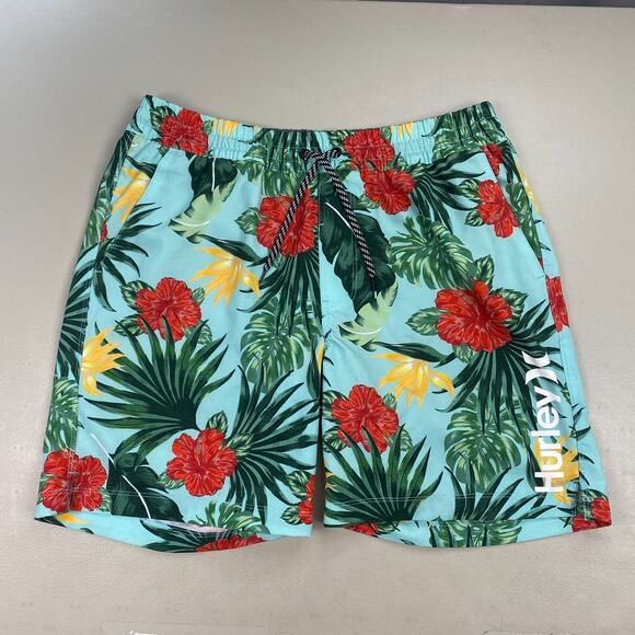 Hurley Hybrid Swim Shorts Mens Large Hibiscus Volley Tropical Floral Blue Trunks - Picture 1 of 13